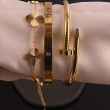 3pc Stainless Steel Women's Bracelet with Four-Leaf