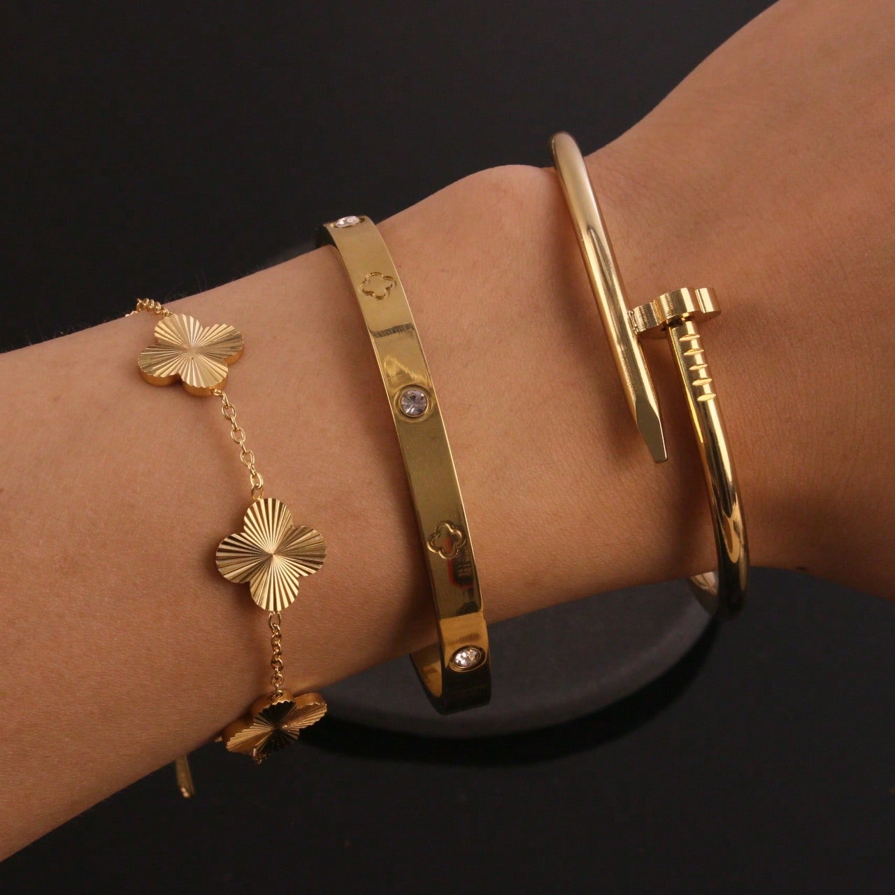 3pc Stainless Steel Women's Bracelet with Four-Leaf