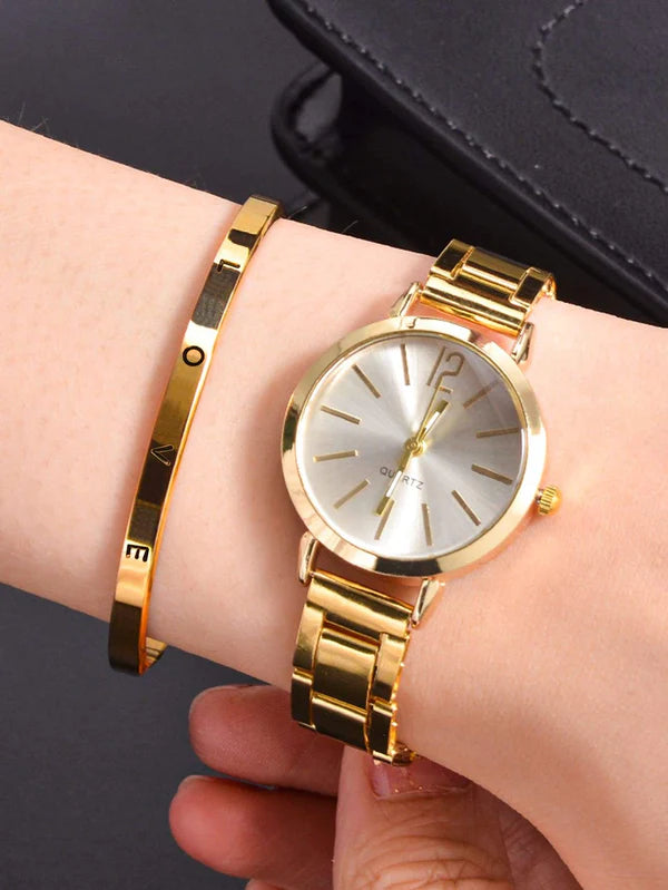 1Pc Simple Round Pointer Quartz Watch With 1Pc Bracelet