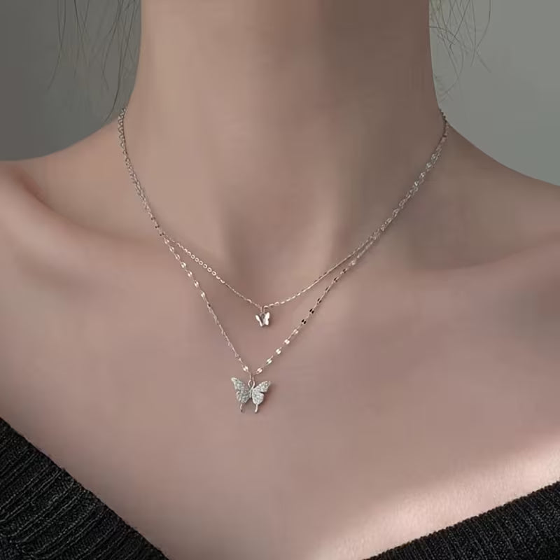 Shiny Butterfly Pendant Double-Layer Necklace
