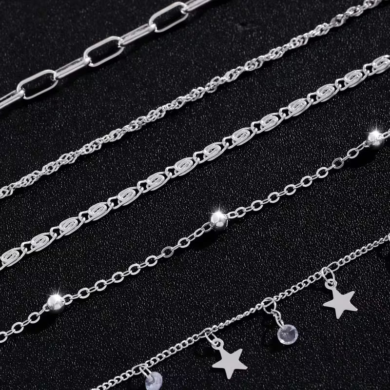 4pcs Fashionable Cubic Zirconia Star Pendant Multi-Layered Chain