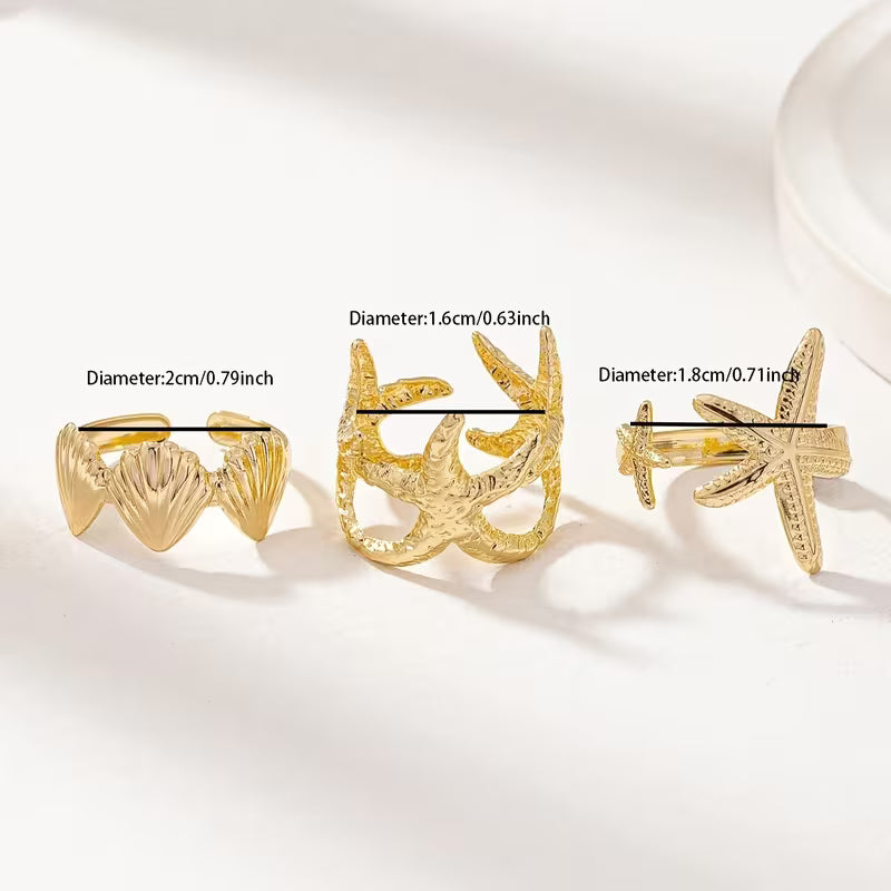 Ocean Style Shell Ring Set of 3 with Starfish Opening Adjustable Rings,