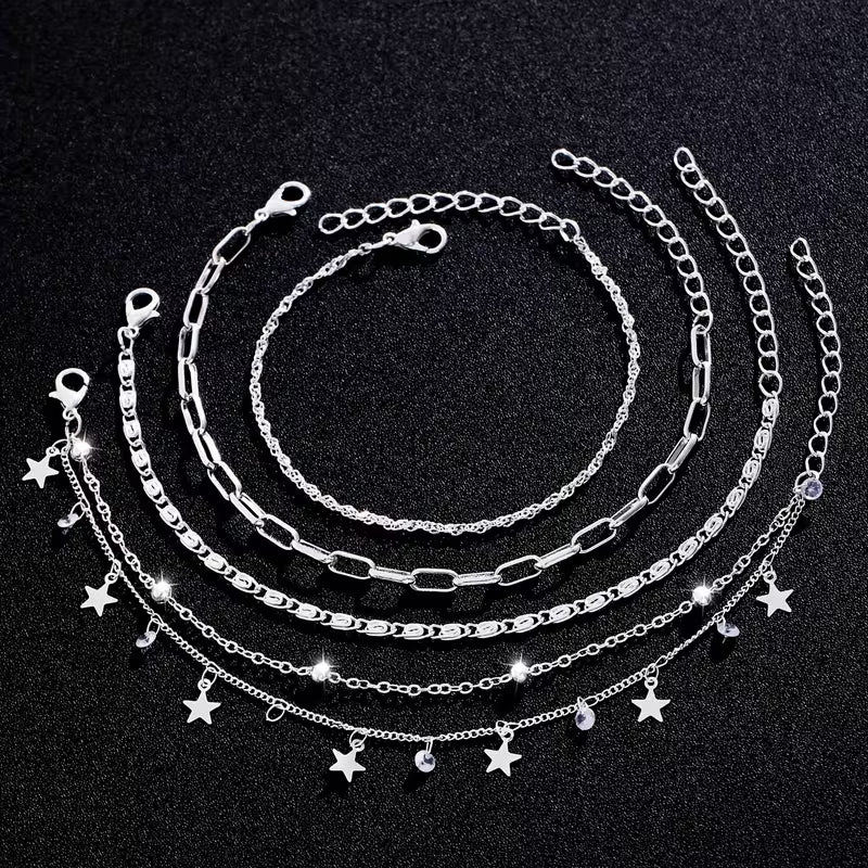 4pcs Fashionable Cubic Zirconia Star Pendant Multi-Layered Chain