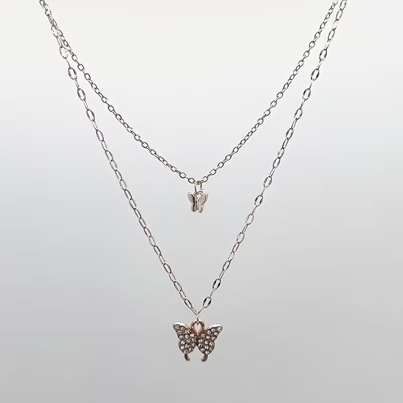 Shiny Butterfly Pendant Double-Layer Necklace