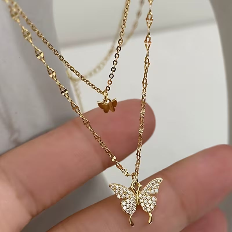 Shiny Butterfly Pendant Double-Layer Necklace
