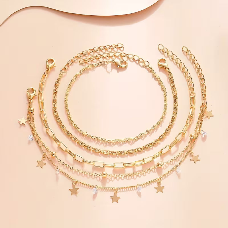 4pcs Fashionable Cubic Zirconia Star Pendant Multi-Layered Chain