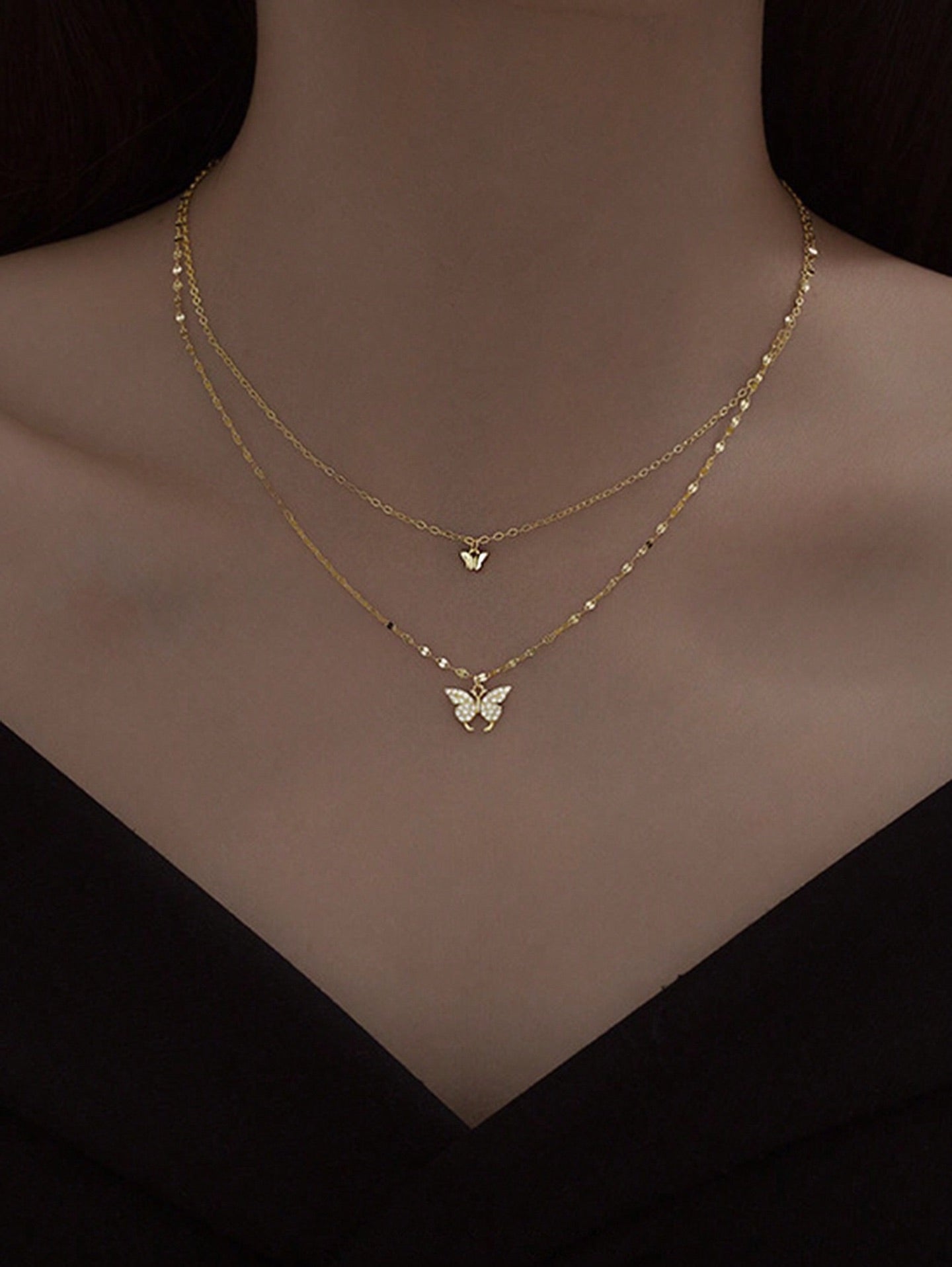 Shiny Butterfly Pendant Double-Layer Necklace