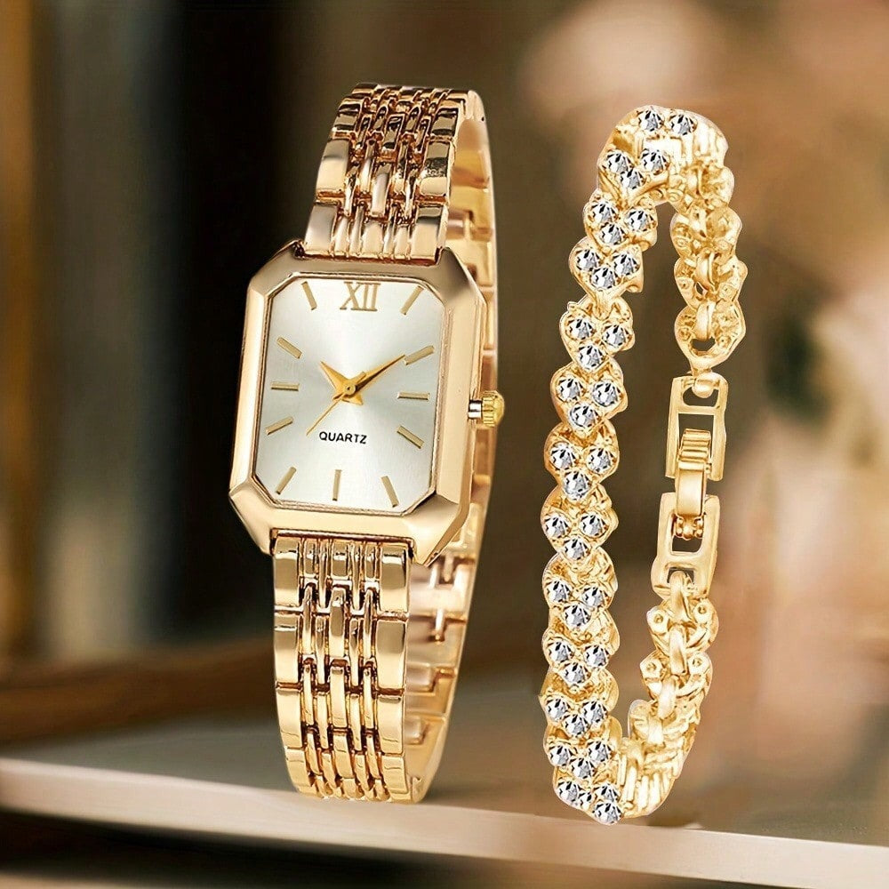 2 Pcs Women's Luxury Quartz Watch & Bracelet Set