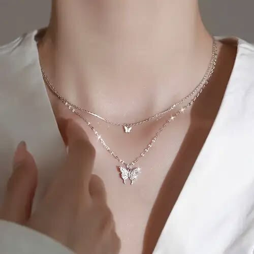 Shiny Butterfly Pendant Double-Layer Necklace
