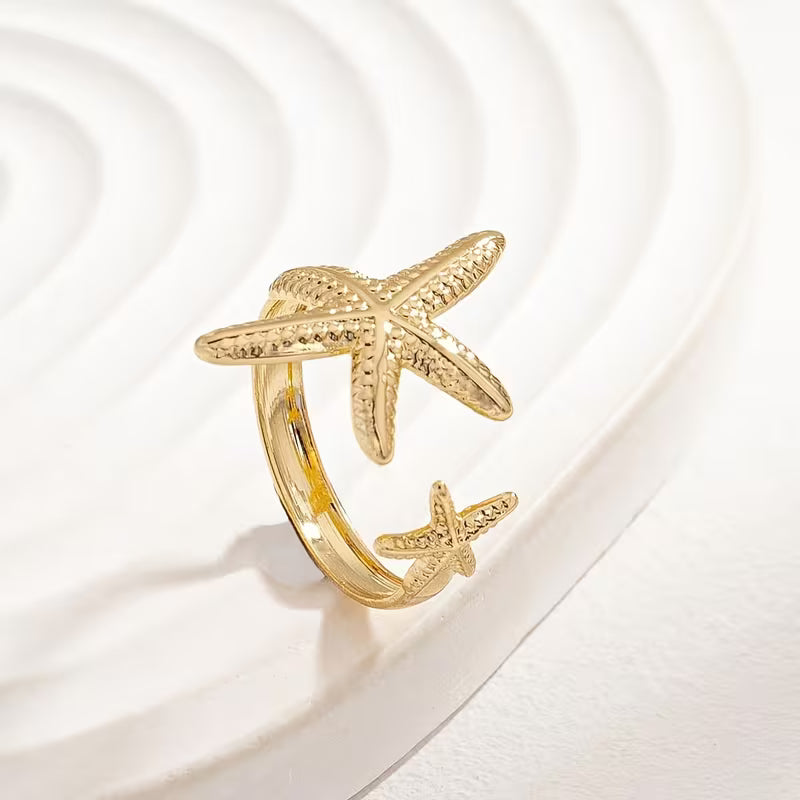 Ocean Style Shell Ring Set of 3 with Starfish Opening Adjustable Rings,