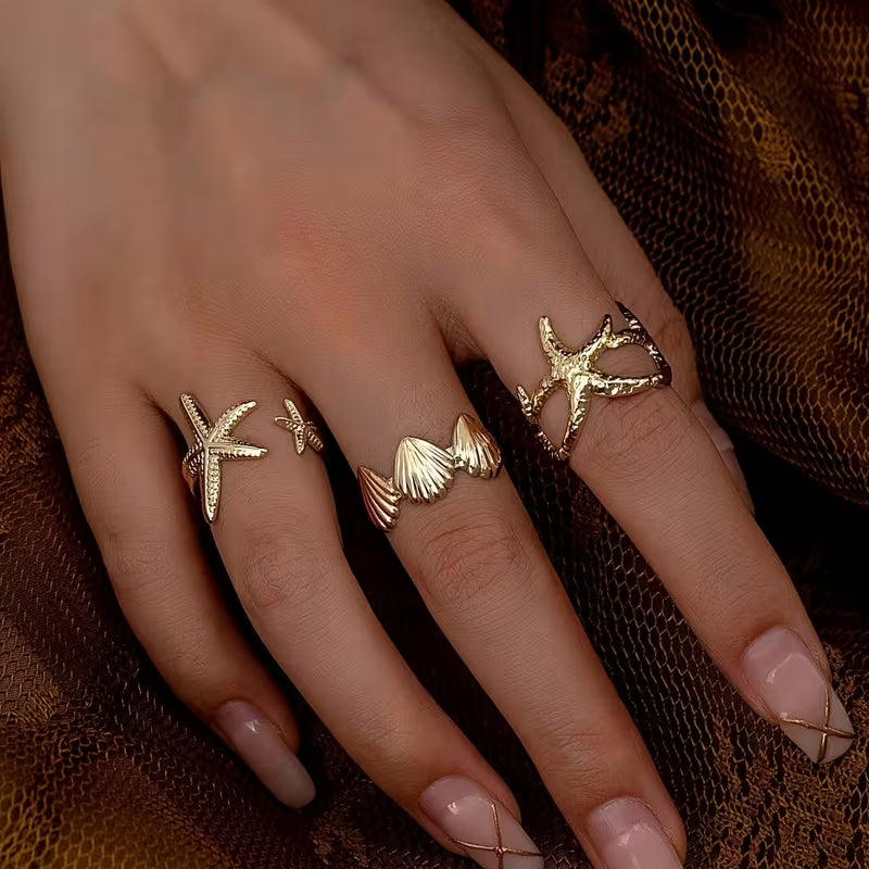 Ocean Style Shell Ring Set of 3 with Starfish Opening Adjustable Rings,