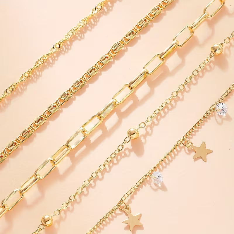 4pcs Fashionable Cubic Zirconia Star Pendant Multi-Layered Chain