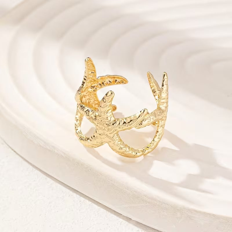 Ocean Style Shell Ring Set of 3 with Starfish Opening Adjustable Rings,